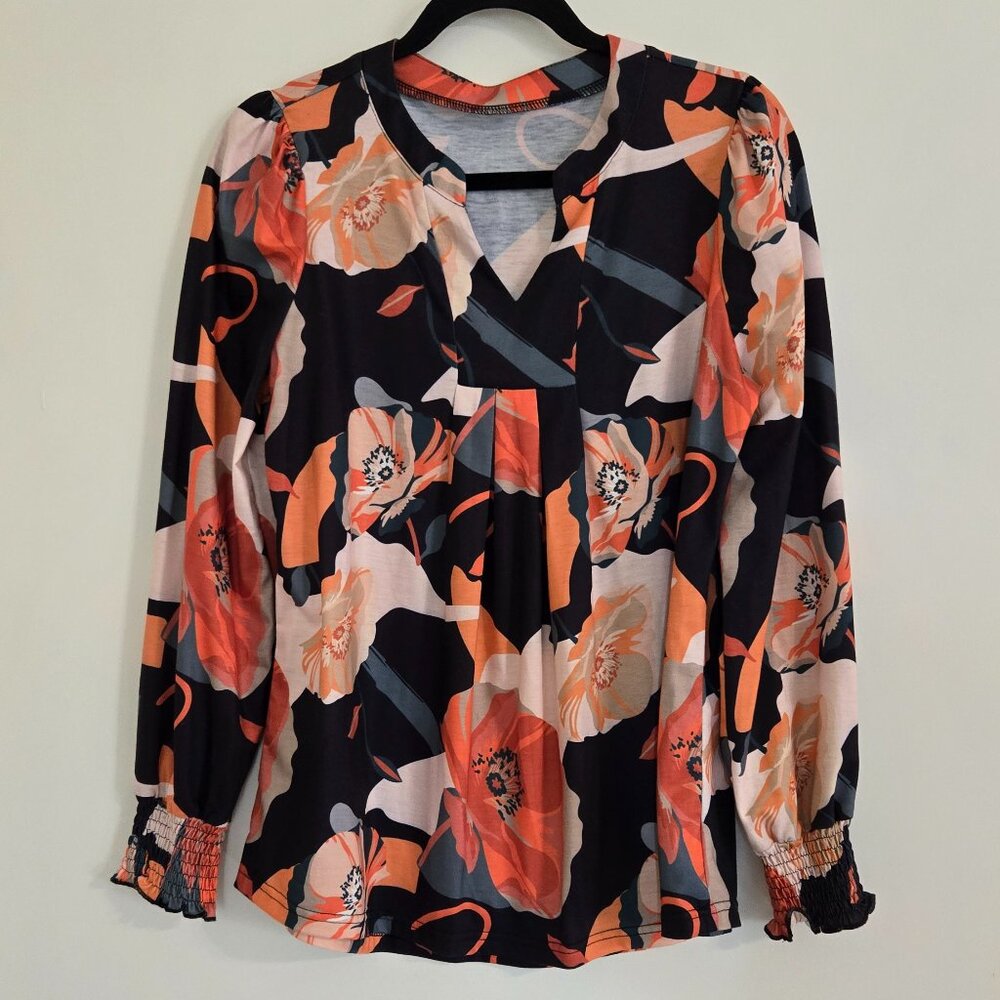 Navy Blue with Floral Print Long Sleeve Bashafo